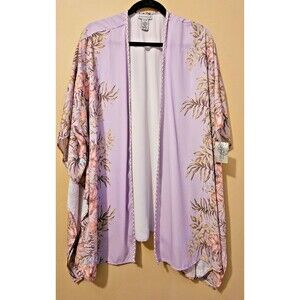 Catherines Kimono Womens 2X-3X purple Flower Open Front, cording, NWT